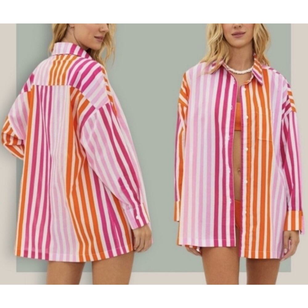 Beach Riot Alexa Women's Coverup Striped Long Sleeve Button Down Size Pl Plus